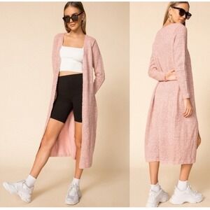 Superdown Lucy Pink Textured Boucle Longline Duster Cardigan Sweater Women S/M